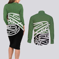 Green Fern New Zealand Kowhai Ngutukak Couples Matching Long Sleeve Bodycon Dress and Long Sleeve Button Shirt - Polynesian Pride