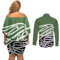 Green Fern New Zealand Kowhai Ngutukak Couples Matching Off Shoulder Short Dress and Long Sleeve Button Shirt LT9 - Polynesian Pride