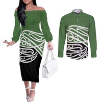 Green Fern New Zealand Kowhai Ngutukak Couples Matching Off The Shoulder Long Sleeve Dress and Long Sleeve Button Shirt - Polynesian Pride