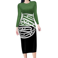Green Fern New Zealand Kowhai Ngutukak Family Matching Long Sleeve Bodycon Dress and Hawaiian Shirt - Polynesian Pride