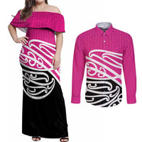 All Pink New Zealand Kowhai Ngutukak Couples Matching Off Shoulder Maxi Dress and Long Sleeve Button Shirt - Polynesian Pride