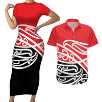All Red New Zealand Kowhai Ngutukak Couples Matching Short Sleeve Bodycon Dress and Hawaiian Shirt - Polynesian Pride