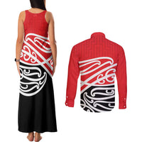 All Red New Zealand Kowhai Ngutukak Couples Matching Tank Maxi Dress and Long Sleeve Button Shirt - Polynesian Pride