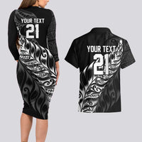 New Zealand Lawn Bowls Custom Couples Matching Long Sleeve Bodycon Dress and Hawaiian Shirt Black Maori Warrior Tribal Silver Fern LT9 - Polynesian Pride