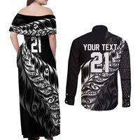 New Zealand Lawn Bowls Custom Couples Matching Off Shoulder Maxi Dress and Long Sleeve Button Shirt Black Maori Warrior Tribal Silver Fern - Polynesian Pride