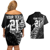 New Zealand Lawn Bowls Custom Couples Matching Off Shoulder Short Dress and Hawaiian Shirt Black Maori Warrior Tribal Silver Fern LT9 - Polynesian Pride