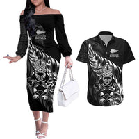 New Zealand Lawn Bowls Custom Couples Matching Off The Shoulder Long Sleeve Dress and Hawaiian Shirt Black Maori Warrior Tribal Silver Fern LT9 Black - Polynesian Pride