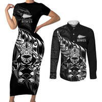 New Zealand Lawn Bowls Custom Couples Matching Short Sleeve Bodycon Dress and Long Sleeve Button Shirt Black Maori Warrior Tribal Silver Fern LT9 Black - Polynesian Pride