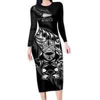 New Zealand Lawn Bowls Custom Family Matching Long Sleeve Bodycon Dress and Hawaiian Shirt Black Maori Warrior Tribal Silver Fern LT9 Mom's Dress Black - Polynesian Pride