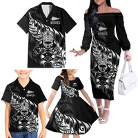 New Zealand Lawn Bowls Custom Family Matching Off The Shoulder Long Sleeve Dress and Hawaiian Shirt Black Maori Warrior Tribal Silver Fern - Polynesian Pride