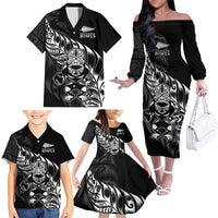 New Zealand Lawn Bowls Custom Family Matching Off The Shoulder Long Sleeve Dress and Hawaiian Shirt Black Maori Warrior Tribal Silver Fern LT9 - Polynesian Pride