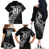 New Zealand Lawn Bowls Custom Family Matching Off The Shoulder Long Sleeve Dress and Hawaiian Shirt Black Maori Warrior Tribal Silver Fern - Polynesian Pride