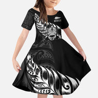 New Zealand Lawn Bowls Custom Family Matching Off Shoulder Short Dress and Hawaiian Shirt Black Maori Warrior Tribal Silver Fern LT9 Daughter's Dress Black - Polynesian Pride