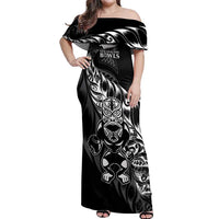 New Zealand Lawn Bowls Custom Off Shoulder Maxi Dress Black Maori Warrior Tribal Silver Fern - Polynesian Pride