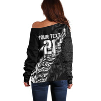 New Zealand Lawn Bowls Custom Off Shoulder Sweater Black Maori Warrior Tribal Silver Fern - Polynesian Pride