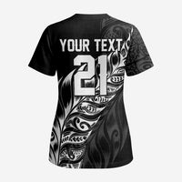 New Zealand Lawn Bowls Custom Scrub Top Black Maori Warrior Tribal Silver Fern - Polynesian Pride