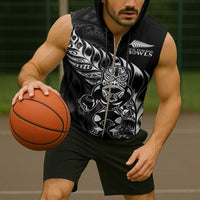 New Zealand Lawn Bowls Custom Sleeveless Zip Hoodie Black Maori Warrior Tribal Silver Fern - Polynesian Pride