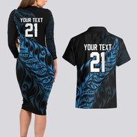 New Zealand Lawn Bowls Custom Couples Matching Long Sleeve Bodycon Dress and Hawaiian Shirt Blue Maori Warrior Tribal Silver Fern - Polynesian Pride