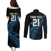 New Zealand Lawn Bowls Custom Couples Matching Puletasi and Long Sleeve Button Shirt Blue Maori Warrior Tribal Silver Fern LT9 - Polynesian Pride