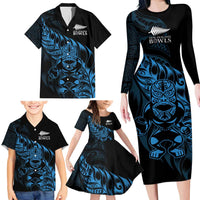 New Zealand Lawn Bowls Custom Family Matching Long Sleeve Bodycon Dress and Hawaiian Shirt Blue Maori Warrior Tribal Silver Fern LT9 - Polynesian Pride
