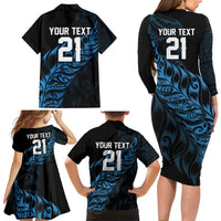 New Zealand Lawn Bowls Custom Family Matching Long Sleeve Bodycon Dress and Hawaiian Shirt Blue Maori Warrior Tribal Silver Fern - Polynesian Pride