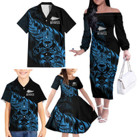 New Zealand Lawn Bowls Custom Family Matching Off The Shoulder Long Sleeve Dress and Hawaiian Shirt Blue Maori Warrior Tribal Silver Fern LT9 - Polynesian Pride