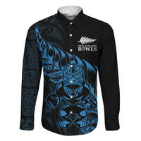 New Zealand Lawn Bowls Custom Family Matching Off The Shoulder Long Sleeve Dress and Hawaiian Shirt Blue Maori Warrior Tribal Silver Fern LT9 Dad's Shirt - Long Sleeve Blue - Polynesian Pride