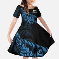 New Zealand Lawn Bowls Custom Family Matching Off Shoulder Maxi Dress and Hawaiian Shirt Blue Maori Warrior Tribal Silver Fern LT9 Daughter's Dress Blue - Polynesian Pride