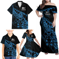 New Zealand Lawn Bowls Custom Family Matching Off Shoulder Maxi Dress and Hawaiian Shirt Blue Maori Warrior Tribal Silver Fern LT9 - Polynesian Pride