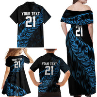 New Zealand Lawn Bowls Custom Family Matching Off Shoulder Maxi Dress and Hawaiian Shirt Blue Maori Warrior Tribal Silver Fern LT9 - Polynesian Pride