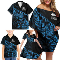 New Zealand Lawn Bowls Custom Family Matching Off Shoulder Short Dress and Hawaiian Shirt Blue Maori Warrior Tribal Silver Fern LT9 - Polynesian Pride