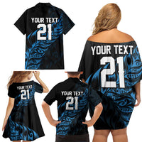 New Zealand Lawn Bowls Custom Family Matching Off Shoulder Short Dress and Hawaiian Shirt Blue Maori Warrior Tribal Silver Fern LT9 - Polynesian Pride