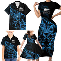 New Zealand Lawn Bowls Custom Family Matching Short Sleeve Bodycon Dress and Hawaiian Shirt Blue Maori Warrior Tribal Silver Fern LT9 - Polynesian Pride