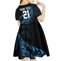 New Zealand Lawn Bowls Custom Kid Short Sleeve Dress Blue Maori Warrior Tribal Silver Fern LT9 - Polynesian Pride