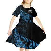 New Zealand Lawn Bowls Custom Kid Short Sleeve Dress Blue Maori Warrior Tribal Silver Fern LT9 - Polynesian Pride