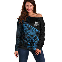 New Zealand Lawn Bowls Custom Off Shoulder Sweater Blue Maori Warrior Tribal Silver Fern - Polynesian Pride