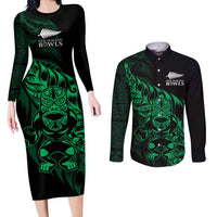 New Zealand Lawn Bowls Custom Couples Matching Long Sleeve Bodycon Dress and Long Sleeve Button Shirt Green Maori Warrior Tribal Silver Fern - Polynesian Pride