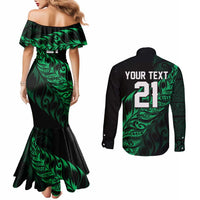 New Zealand Lawn Bowls Custom Couples Matching Mermaid Dress and Long Sleeve Button Shirt Green Maori Warrior Tribal Silver Fern - Polynesian Pride