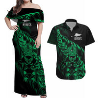 New Zealand Lawn Bowls Custom Couples Matching Off Shoulder Maxi Dress and Hawaiian Shirt Green Maori Warrior Tribal Silver Fern LT9 Green - Polynesian Pride