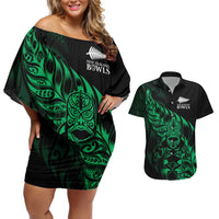 New Zealand Lawn Bowls Custom Couples Matching Off Shoulder Short Dress and Hawaiian Shirt Green Maori Warrior Tribal Silver Fern LT9 Green - Polynesian Pride