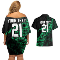 New Zealand Lawn Bowls Custom Couples Matching Off Shoulder Short Dress and Hawaiian Shirt Green Maori Warrior Tribal Silver Fern LT9 - Polynesian Pride