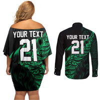 New Zealand Lawn Bowls Custom Couples Matching Off Shoulder Short Dress and Long Sleeve Button Shirt Green Maori Warrior Tribal Silver Fern - Polynesian Pride