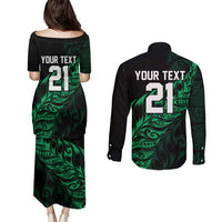 New Zealand Lawn Bowls Custom Couples Matching Puletasi and Long Sleeve Button Shirt Green Maori Warrior Tribal Silver Fern LT9 - Polynesian Pride