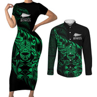New Zealand Lawn Bowls Custom Couples Matching Short Sleeve Bodycon Dress and Long Sleeve Button Shirt Green Maori Warrior Tribal Silver Fern LT9 Green - Polynesian Pride