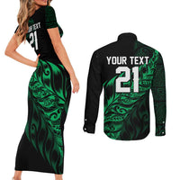 New Zealand Lawn Bowls Custom Couples Matching Short Sleeve Bodycon Dress and Long Sleeve Button Shirt Green Maori Warrior Tribal Silver Fern LT9 - Polynesian Pride