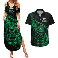 New Zealand Lawn Bowls Custom Couples Matching Summer Maxi Dress and Hawaiian Shirt Green Maori Warrior Tribal Silver Fern - Polynesian Pride