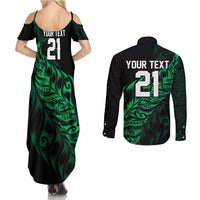 New Zealand Lawn Bowls Custom Couples Matching Summer Maxi Dress and Long Sleeve Button Shirt Green Maori Warrior Tribal Silver Fern LT9 - Polynesian Pride