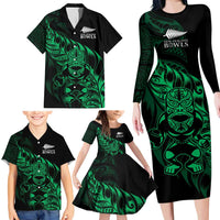 New Zealand Lawn Bowls Custom Family Matching Long Sleeve Bodycon Dress and Hawaiian Shirt Green Maori Warrior Tribal Silver Fern LT9 - Polynesian Pride
