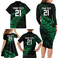 New Zealand Lawn Bowls Custom Family Matching Long Sleeve Bodycon Dress and Hawaiian Shirt Green Maori Warrior Tribal Silver Fern LT9 - Polynesian Pride