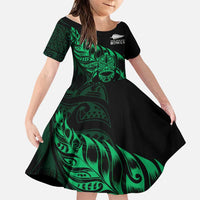 New Zealand Lawn Bowls Custom Family Matching Off The Shoulder Long Sleeve Dress and Hawaiian Shirt Green Maori Warrior Tribal Silver Fern LT9 Daughter's Dress Green - Polynesian Pride